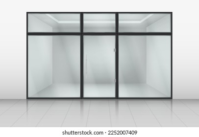 Glass shop doors. Store front with window frame. Realistic office exterior or retail showcase. View of mall wall. Storefront facade. Empty boutique forepart. Vector 3D neoteric design