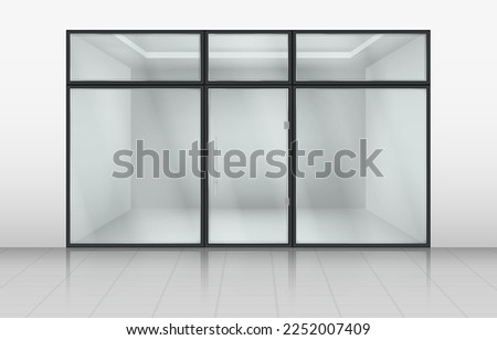 Glass shop doors. Store front with window frame. Realistic office exterior or retail showcase. View of mall wall. Storefront facade. Empty boutique forepart. Vector 3D neoteric design