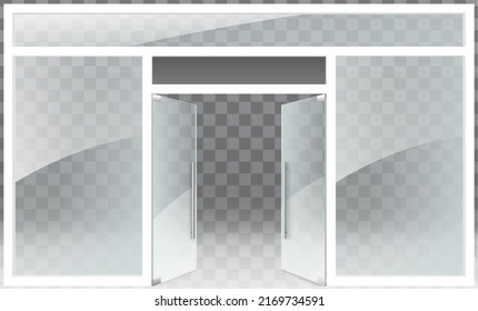 Glass shop store window and door realistic mockup. Opened supermarket entrance vector illustration isolated on transparent background. Storefront exterior design