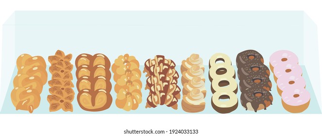 Glass shop window with fresh pastries: rich sweet buns, pretzels, croissants, donuts. Vector stock illustration isolated on white background.