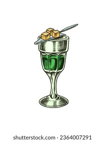Glass shot of Absinthe. Glass with green drink. Label for retro poster. Engraved hand drawn vintage sketch. Woodcut style