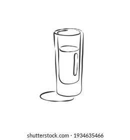 Glass shot rum with shadow. Drink element. Contour object. Retro wineglass hand draw, design for any purposes. Restaurant illustration. Simple sketch. Isolated on white background in engraving style.
