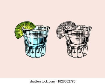 Glass shots with strong drink. Vintage Mexican tequila badge. Alcoholic Label for poster banner. Hand Drawn engraved sketch lettering for t-shirt.