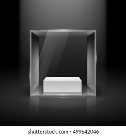 Glass Showcase In Cube Form With Spot Light For Presentation On Black