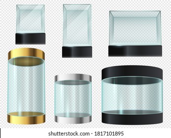 Glass showcase. Cylinder and cube empty transparent museum podiums, product 3d display, exhibit security capsule with platform vector set isolated on transparent. Display box for gallery