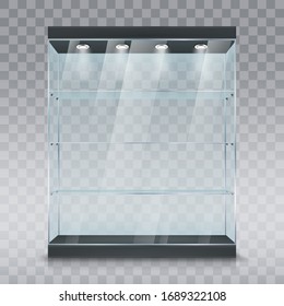 Glass Showcase Or Display Cabinet Realistic Vector Mockup Of Shop Or Museum Stand With Glass Shelves And Spotlights On Transparent Background. Retail Store, Supermarket Or Exhibition Furniture Design