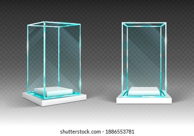 Glass Showcase, Display, Exhibit Stand, Transparent Box Front And Angle View On Wood Or Plastic Base. Crystal Block, Exhibition Or Award Podium, Glossy Isolated Object Realistic 3d Vector Illustration