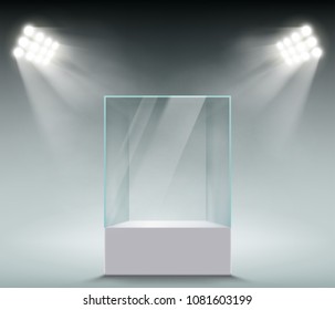 Glass showcase for the exhibition in the form of a cube. Background for sale is illuminated with spotlights. Stock vector illustration.