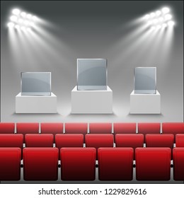 
Glass showcase for the exhibition in the form of a cube. Background for sale illuminated by spotlights. Museum glass box isolated advertising or business design boutique. Exhibition hall.