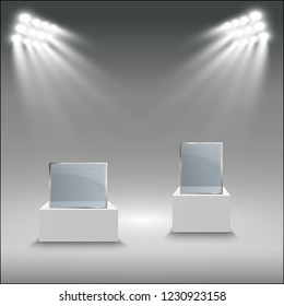 Glass showcase for the exhibition in the form of a cube. Background for sale illuminated by spotlights. Museum glass box isolated advertising or business design boutique. Exhibition hall.