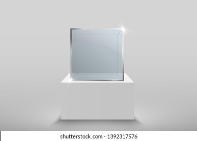 Glass showcase for the exhibition in the form of a cube. Background for sale illuminated by spotlights. Museum glass box isolated advertising or business design boutique. Exhibition hall