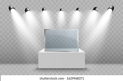 Glass showcase for the exhibition in the form of a cube. Background for sale illuminated by spotlights. Museum glass box isolated advertising or business design boutique. Exhibition hall.