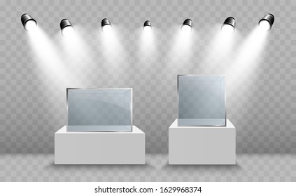 Glass showcase for the exhibition in the form of a cube. Background for sale illuminated by spotlights. Museum glass box isolated advertising or business design boutique. Exhibition hall.