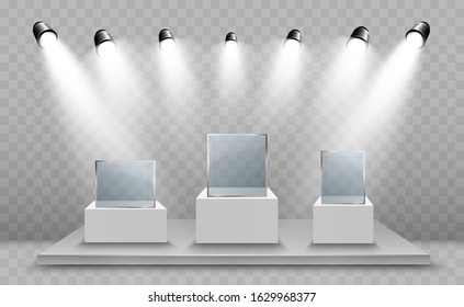 Glass showcase for the exhibition in the form of a cube. Background for sale illuminated by spotlights. Museum glass box isolated advertising or business design boutique. Exhibition hall.
