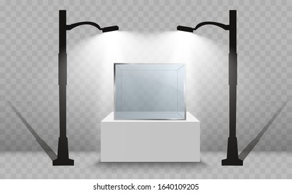 Glass showcase for the exhibition in the form of a cube. Background for sale illuminated by spotlights. Museum glass box isolated advertising or business design boutique. Exhibition hall.