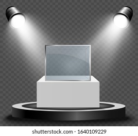 Glass showcase for the exhibition in the form of a cube. Background for sale illuminated by spotlights. Museum glass box isolated advertising or business design boutique. Exhibition hall.