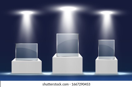 Glass showcase for the exhibition in the form of a cube. Background for sale illuminated by spotlights. Museum glass box isolated advertising or business design boutique. Exhibition hall.