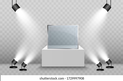 Glass showcase for the exhibition in the form of a cube. Background for sale illuminated by spotlights. Museum glass box isolated advertising or business design boutique. Exhibition hall.