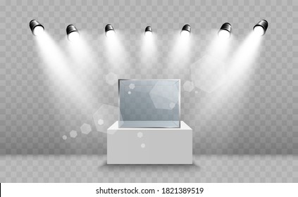 Glass showcase for the exhibition in the form of a cube. Background for sale illuminated by spotlights. Museum glass box isolated advertising or business design boutique. Exhibition hall.