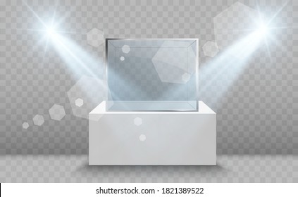 Muestra de vidrio para la exposición en forma de cubo. Fondo en venta iluminado por focos. Caja de cristal de museo aislado publicidad o boutique de diseño de negocios. Sala de exposiciones.