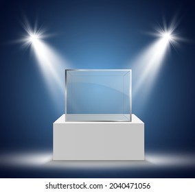 Glass showcase for the exhibition in the form of a cube. Background for sale illuminated by spotlights. Museum glass box isolated advertising or business design boutique. Exhibition hall.	