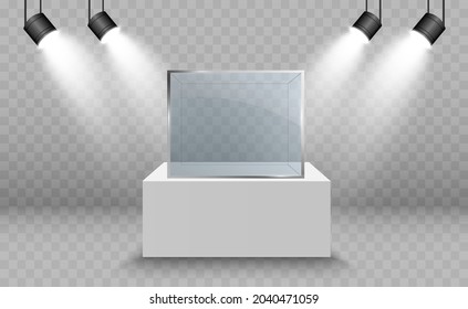 Glass showcase for the exhibition in the form of a cube. Background for sale illuminated by spotlights. Museum glass box isolated advertising or business design boutique. Exhibition hall.	