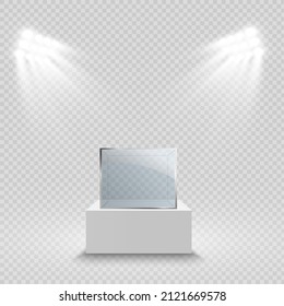 Muestra de vidrio para la exposición en forma de cubo. Fondo en venta iluminado por focos. Caja de cristal de museo aislado publicidad o boutique de diseño de negocios. Sala de exposiciones.