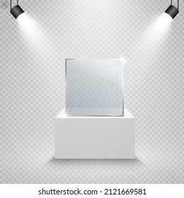 Glass showcase for the exhibition in the form of a cube. Background for sale illuminated by spotlights. Museum glass box isolated advertising or business design boutique. Exhibition hall.