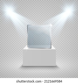 Glass showcase for the exhibition in the form of a cube. Background for sale illuminated by spotlights. Museum glass box isolated advertising or business design boutique. Exhibition hall.