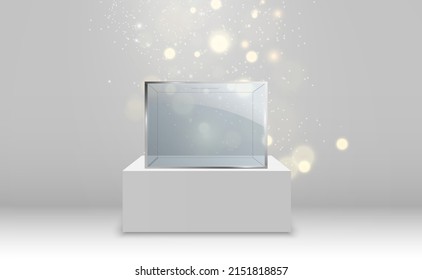 Glass showcase for the exhibition in the form of a cube. Background for sale illuminated by spotlights. Museum glass box isolated advertising or business design boutique. Exhibition hall.