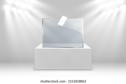 Glass showcase for the exhibition in the form of a cube. Background for sale illuminated by spotlights. Museum glass box isolated advertising or business design boutique. Exhibition hall.
