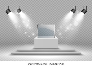 Glass showcase for the exhibition in the form of a cube. Background for sale illuminated by spotlights. Museum glass box isolated advertising or business design boutique. Exhibition hall.