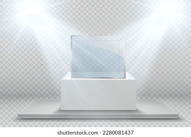 Glass showcase for the exhibition in the form of a cube. Background for sale illuminated by spotlights. Museum glass box isolated advertising or business design boutique. Exhibition hall.