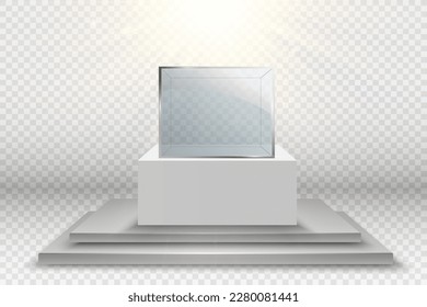 Muestra de vidrio para la exposición en forma de cubo. Fondo en venta iluminado por focos. Caja de cristal de museo aislado publicidad o boutique de diseño de negocios. Sala de exposiciones.