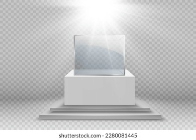 Muestra de vidrio para la exposición en forma de cubo. Fondo en venta iluminado por focos. Caja de cristal de museo aislado publicidad o boutique de diseño de negocios. Sala de exposiciones.
