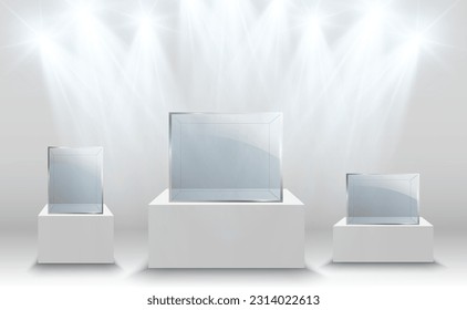 Glass showcase for the exhibition in the form of a cube. Background for sale illuminated by spotlights. Museum glass box isolated advertising or business design boutique. Exhibition hall.