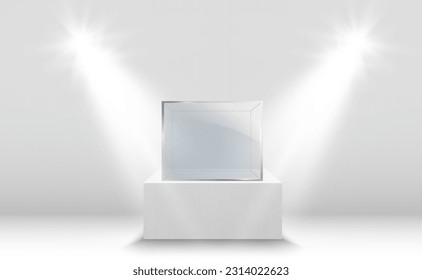 Glass showcase for the exhibition in the form of a cube. Background for sale illuminated by spotlights. Museum glass box isolated advertising or business design boutique. Exhibition hall.