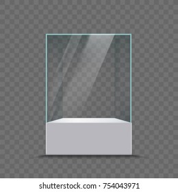 Glass showcase for the exhibition in the form of a cube. Isolated on transparent background. Stock vector illustration.