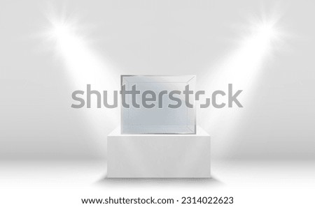 Glass showcase for the exhibition in the form of a cube. Background for sale illuminated by spotlights. Museum glass box isolated advertising or business design boutique. Exhibition hall.