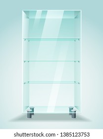 Glass Showcase With Shelves. Empty Transparent Cabinet Isolated, Shelving For Product Shop Display Vector Illustration