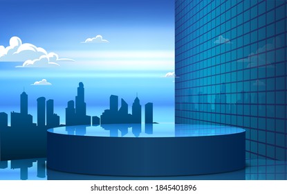 soporte para vitrina de vidrio con fondo de paisaje urbano