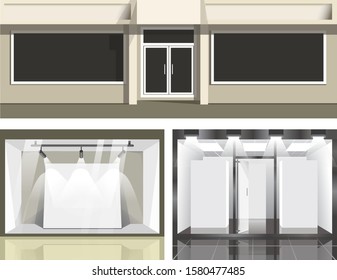 Muestra de vidrio, pared con ventana y podio para producto, tienda o almacén vector exterior. Exposición y presentación con focos, compras en centro comercial. Tienda de moda o puesto de exposición y entrada