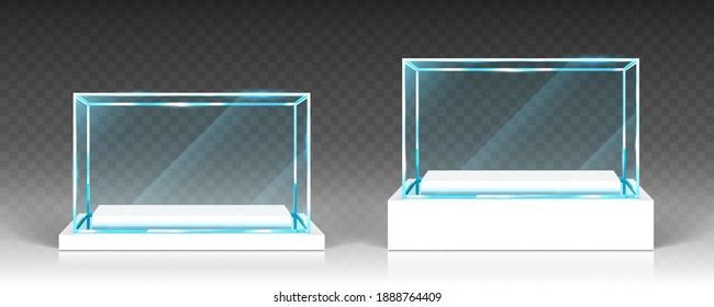 Glass showcases, display, exhibit stand, transparent boxes front view on white wood or plastic base. Crystal block, exhibition or award podium, isolated glossy object, Realistic 3d vector illustration