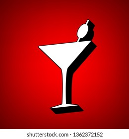 Glass sign illustration. Vector. Perspective view of white icon with black outline at reddish background.
