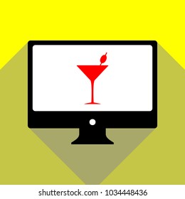 Glass sign illustration. Vector. Red icon on white monitor of black all-in-one desktop computer with two shadows at yellow background.