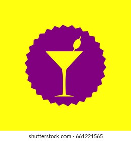 Glass sign illustration. Vector. Violet label with hole as icon on yellow background.