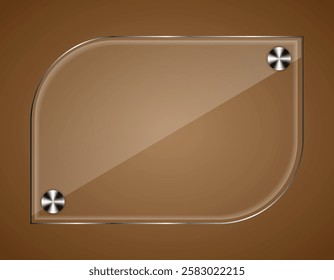  Glass sign with rounded edges and metal screws on a brown background. Suitable for signage, branding, labels, presentations or decorative projects.