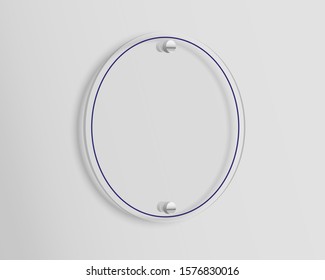 Glass signage mock up. Transparent circle acrylic sign template for design. Blank branding display with copy space. 3d vector illustration.