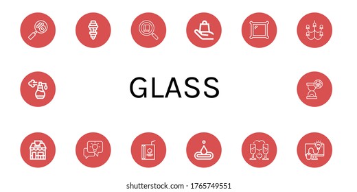 glass simple icons set. Contains such icons as Buffet, Light bulb, Search, Handle with care, Mirror, Chandelier, Coffee shop, Idea, Juice box, can be used for web, mobile and logo