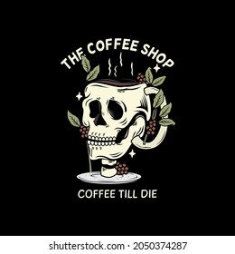 un vaso de una cabeza de cráneo en la que hay café con granos de café